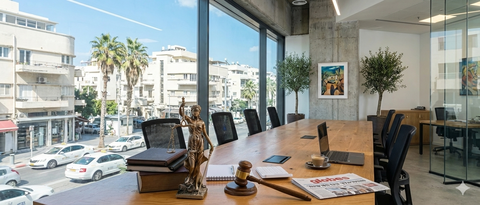 חדר ישיבות משפטי - שולחן עץ, פסל צדק, ספרי חוקים ונוף עיר